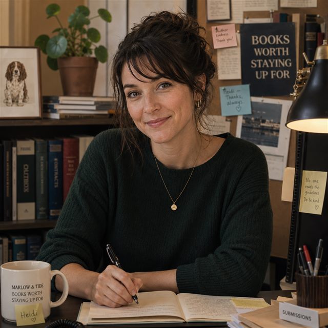 Heidi Stern at her desk, mid-note