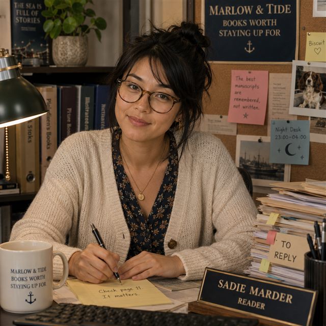 Sadie Marder at her desk beside the reading pile
